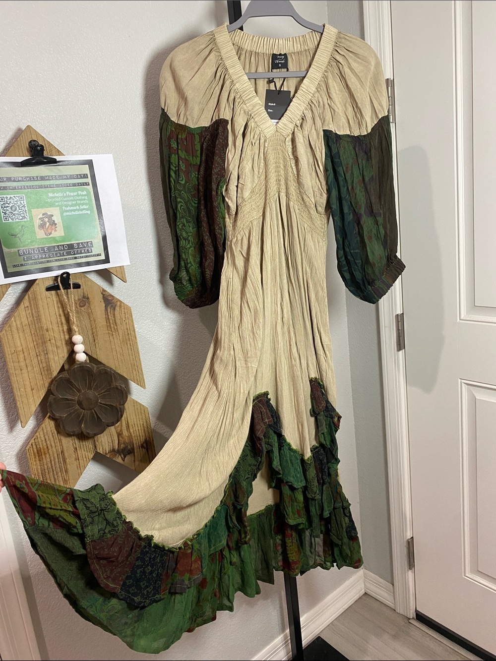 Young Threads Boho Patchwork Dress in Cream and Green sz S - Picture 7 of 9